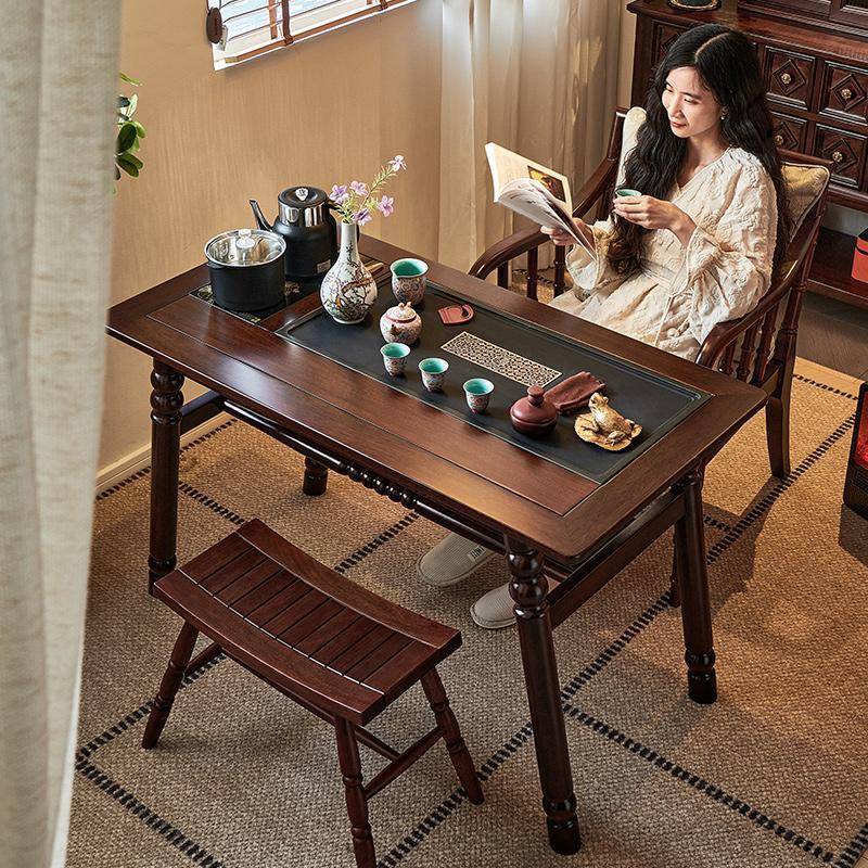 全实木茶桌泡茶台烧水壶一体阳台书桌两用家用复古风1.2米小桌子