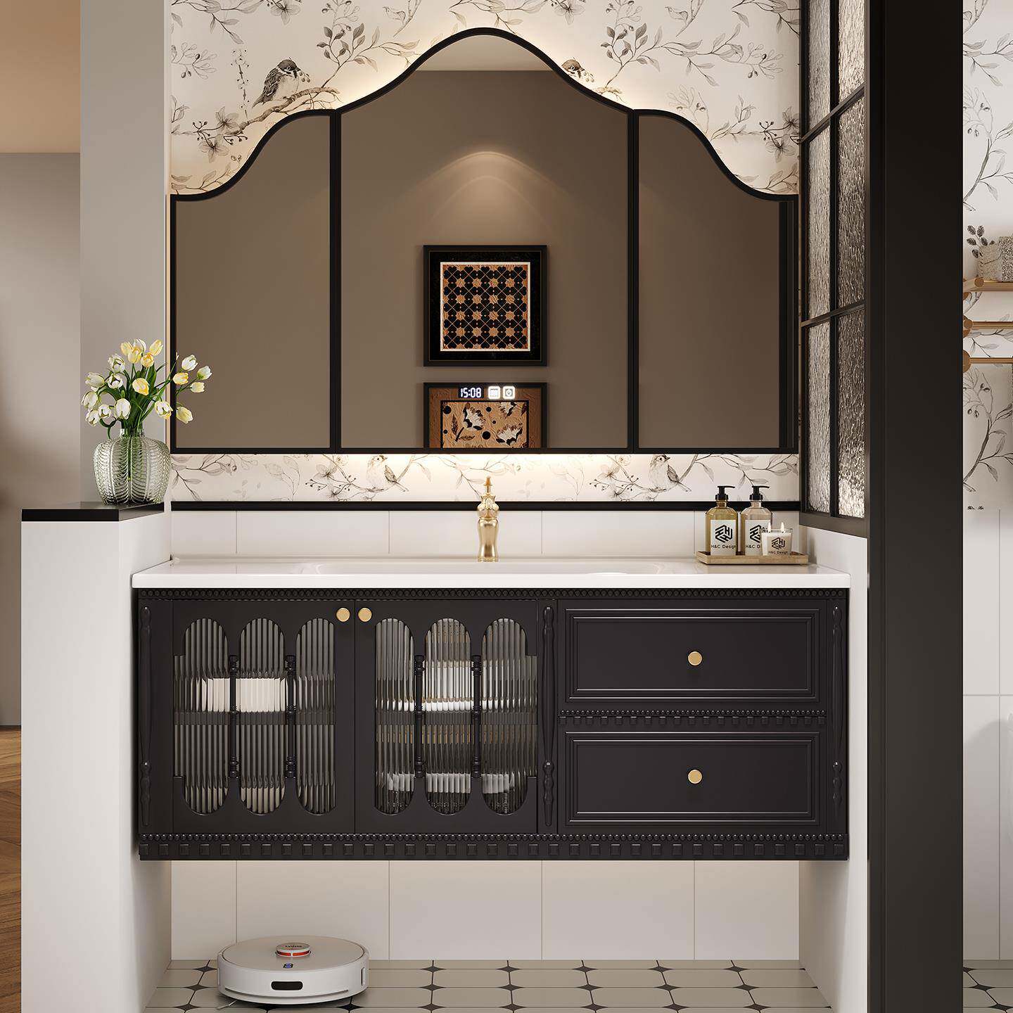 法式覆古浴室柜组合橡木定制岩板热弯陶瓷一体卫生间洗手盆洗漱台