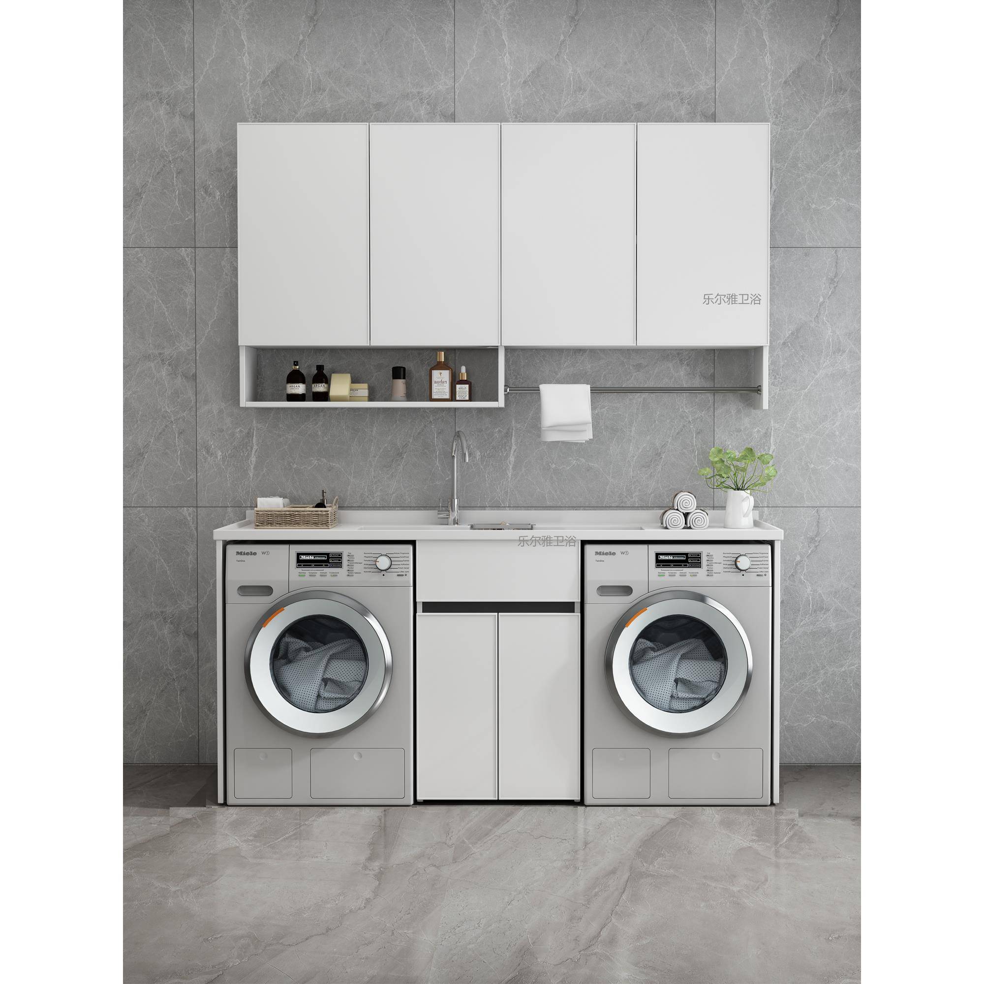 太空铝现代阳台组合洗衣柜双洗衣机柜烘干机双机柜定制水池洗手盆