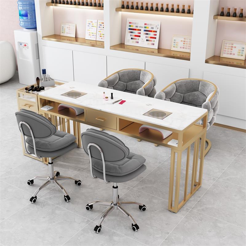 网红轻奢美甲桌单双人三人带吸尘器美甲台铁艺美甲桌椅组合套装