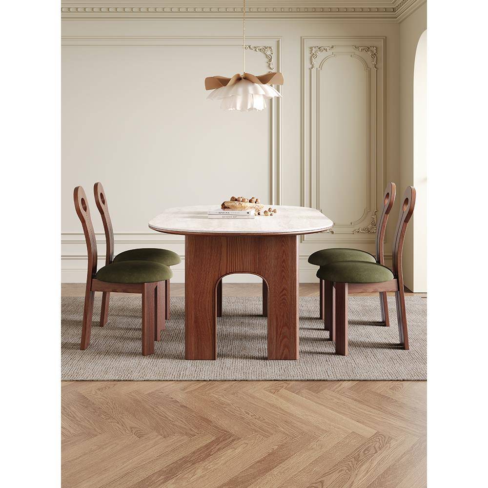 实木岩板餐桌椅2025款法式覆古侘寂中古风小户型凯旋门椭圆形餐桌