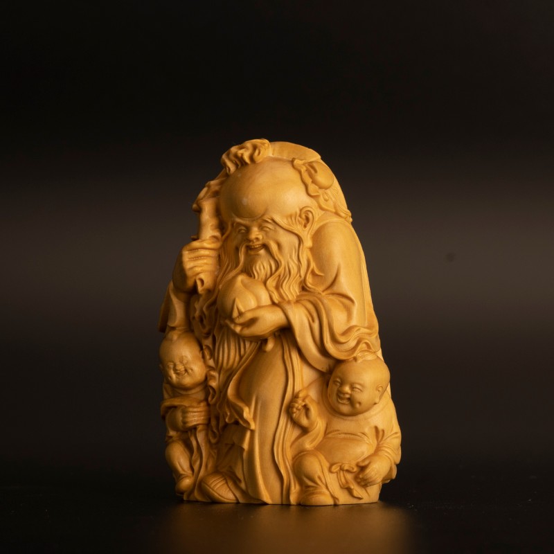 小叶黄杨木雕寿星手把件实木雕刻手工艺品把玩件木质福禄寿装饰品