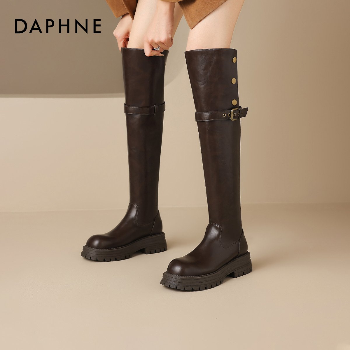 达芙妮厚底增高两穿过膝骑士靴
