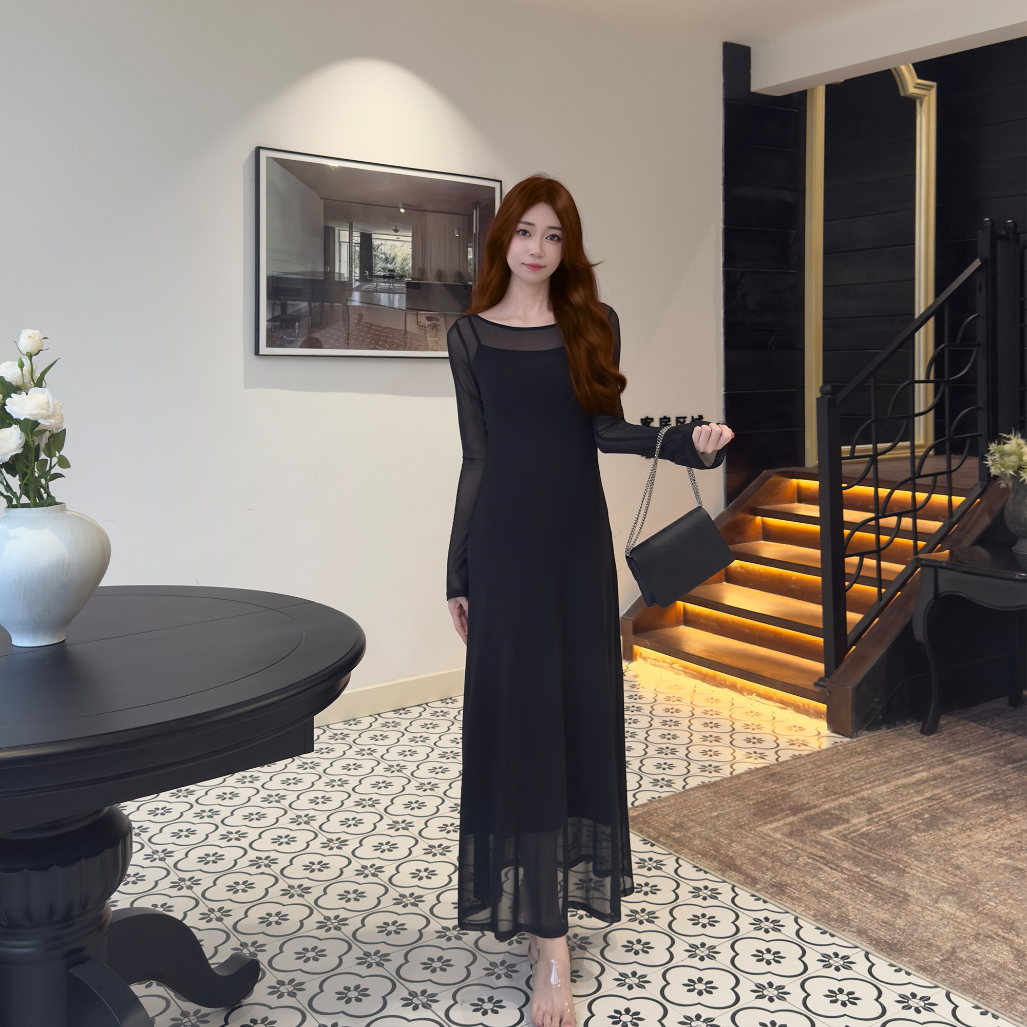 240法式碎花网纱长袖连衣裙女装2026春季小众新款收腰显瘦长裙