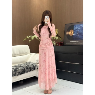 2026春季长袖气质印花常规长款高弹力长裙印花修身连衣裙碎花426