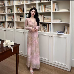 2026连衣裙长袖 春夏274 晕染花朵吊带连衣裙长裙性感温柔裙子法式