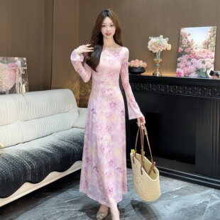 高弹力长裙印花修身 气质印花常规长款 连衣裙碎花418 长袖 2026春季