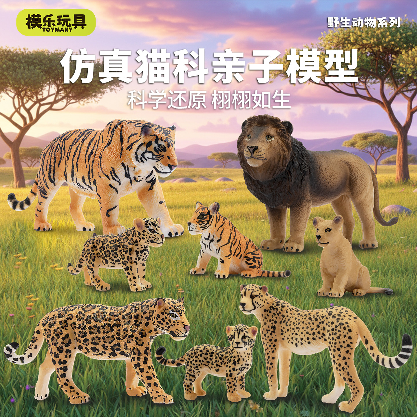 模乐玩具TOYMANY仿真野生动物模型老虎狮子猎豹猫科亲子套装玩具