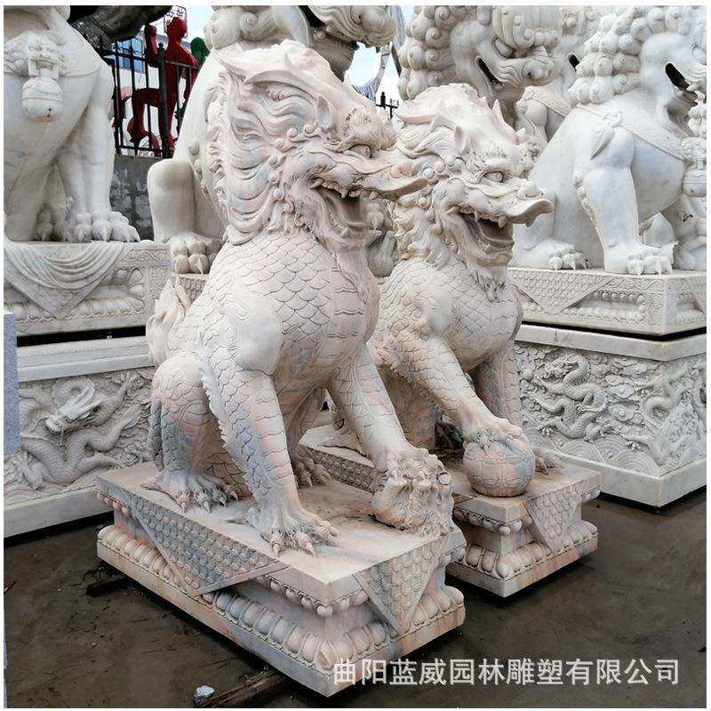 厂家直供景观石雕动物石麒麟晚霞红户外大理石神兽门口摆件石材
