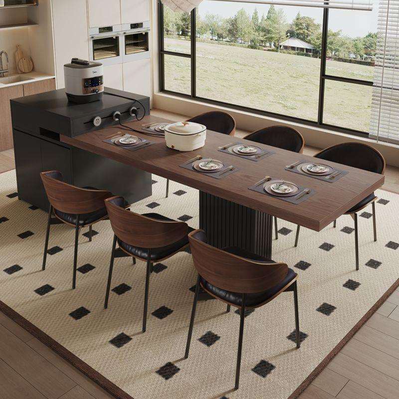 中岛台餐桌一体可伸缩家用下挂全岩板多功能储物厨房岛台中古风