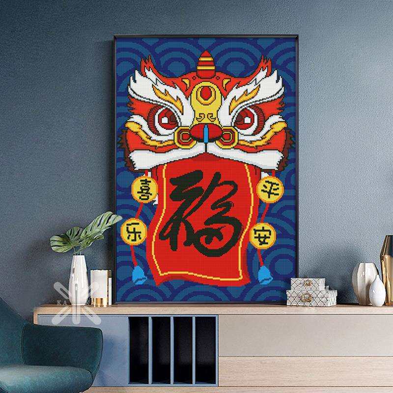 十字绣2022新款绣自己绣玄关喜庆新中式醒狮送福手工线绣平安喜乐