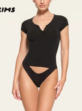 SKIMS HIRE NEW VINTAGE夏季亨利短袖T恤纯棉打底衫纽扣v领上衣女