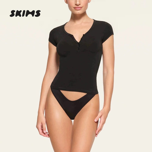 SKIMS卡戴珊亨利v领纽扣短袖T恤