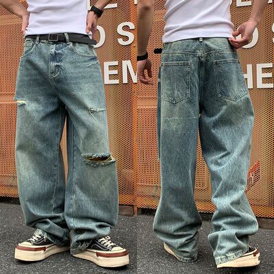 巴黎风美式高街复古破洞牛仔裤