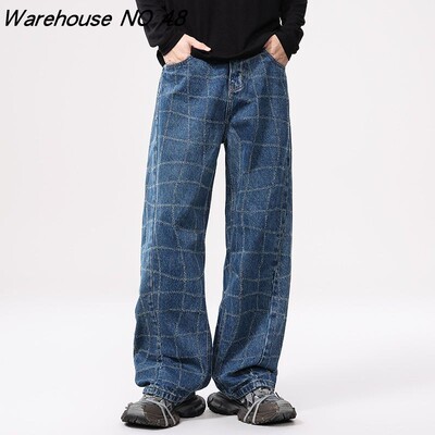 NO48高街潮牌格子纹牛仔裤