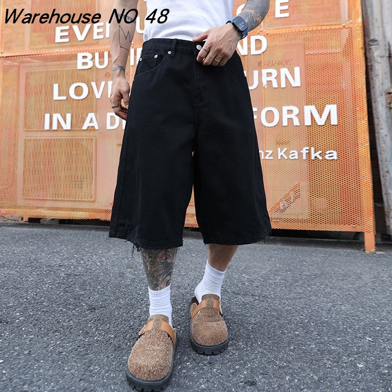 美式高街潮牌宽松直筒牛仔短裤男
