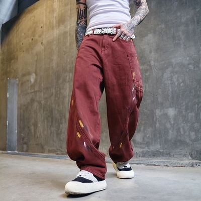 巴黎风高街潮牌泼墨涂鸦牛仔裤