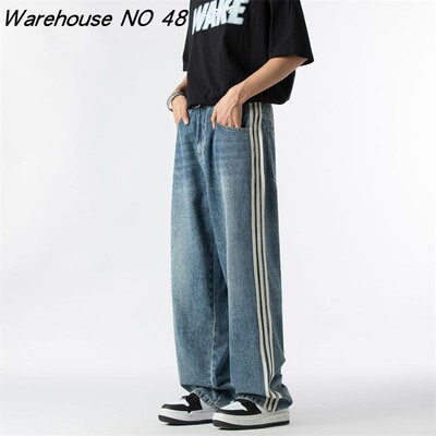 NO48巴黎风高街三条杠条纹牛仔裤