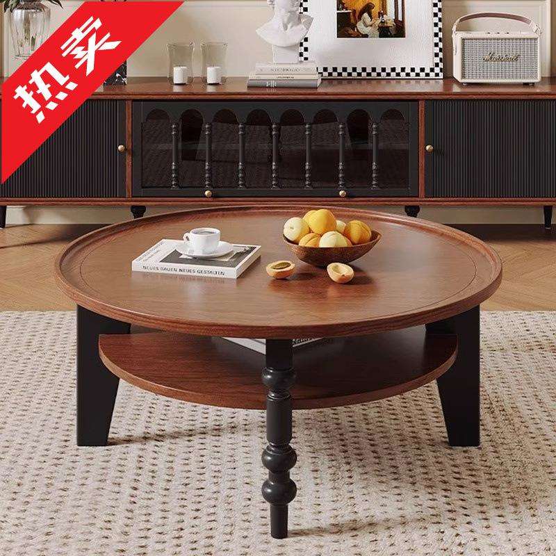 法式复古实木圆茶几客厅家用小户型小茶几美式中古茶桌小桌子边几