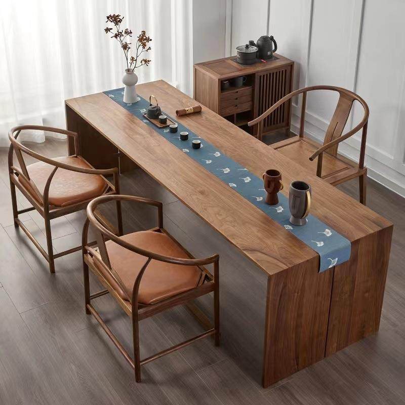 新中式全实木黑胡桃木茶桌茶椅榫卯茶室桌椅组合原木禅意极简桌椅