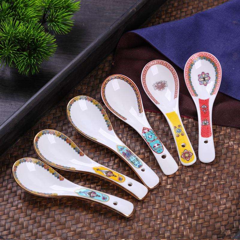 陶瓷汤勺家用中式风勺子汤瓷勺木勺子汤匙长柄粥勺稀饭勺金色小勺