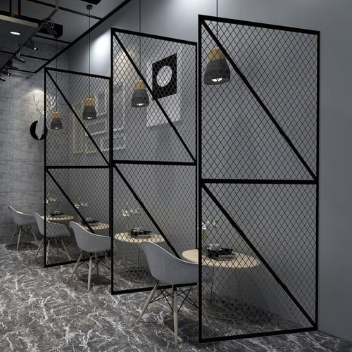 定制铁艺屏风隔断镂空菱形铁丝网格吊顶工业风火锅餐厅装饰背景墙