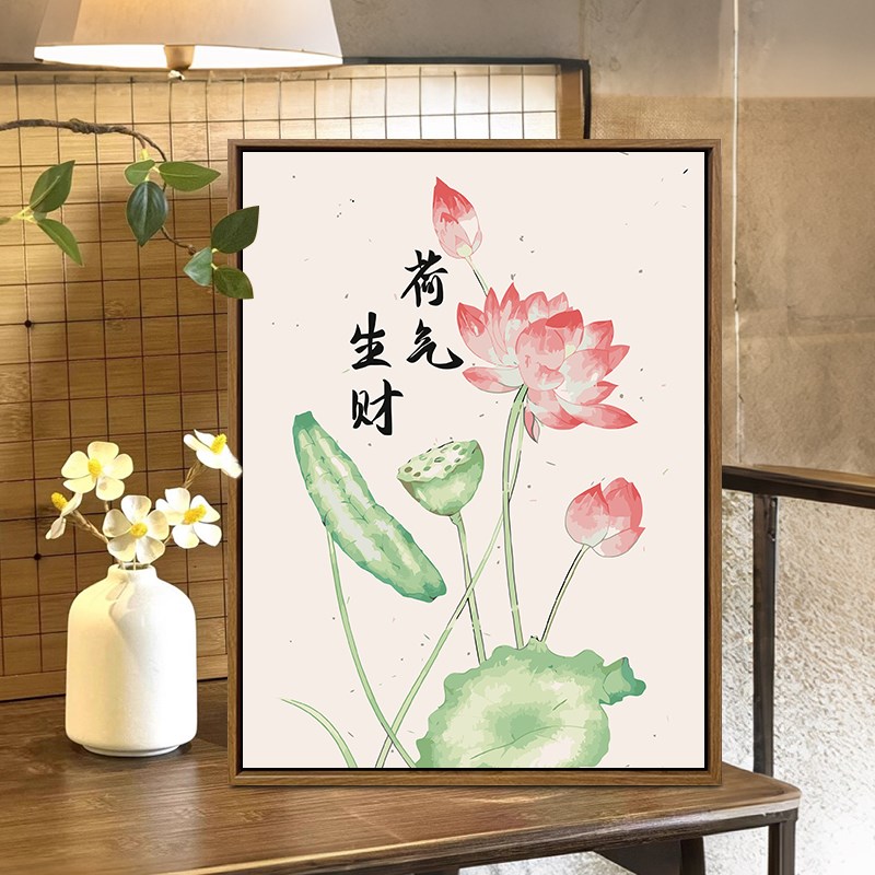 中国风荷花数字油画diy填充填色手工绘新中式丙烯画油彩画装饰画图片