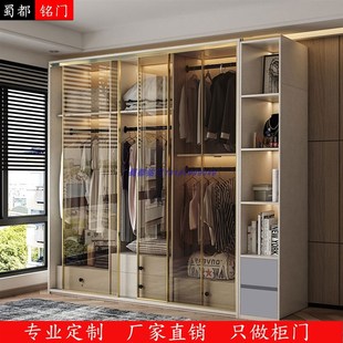 定制钢化透明玻璃门衣柜推拉门茶色壁柜门极窄框黑色移门衣橱滑门