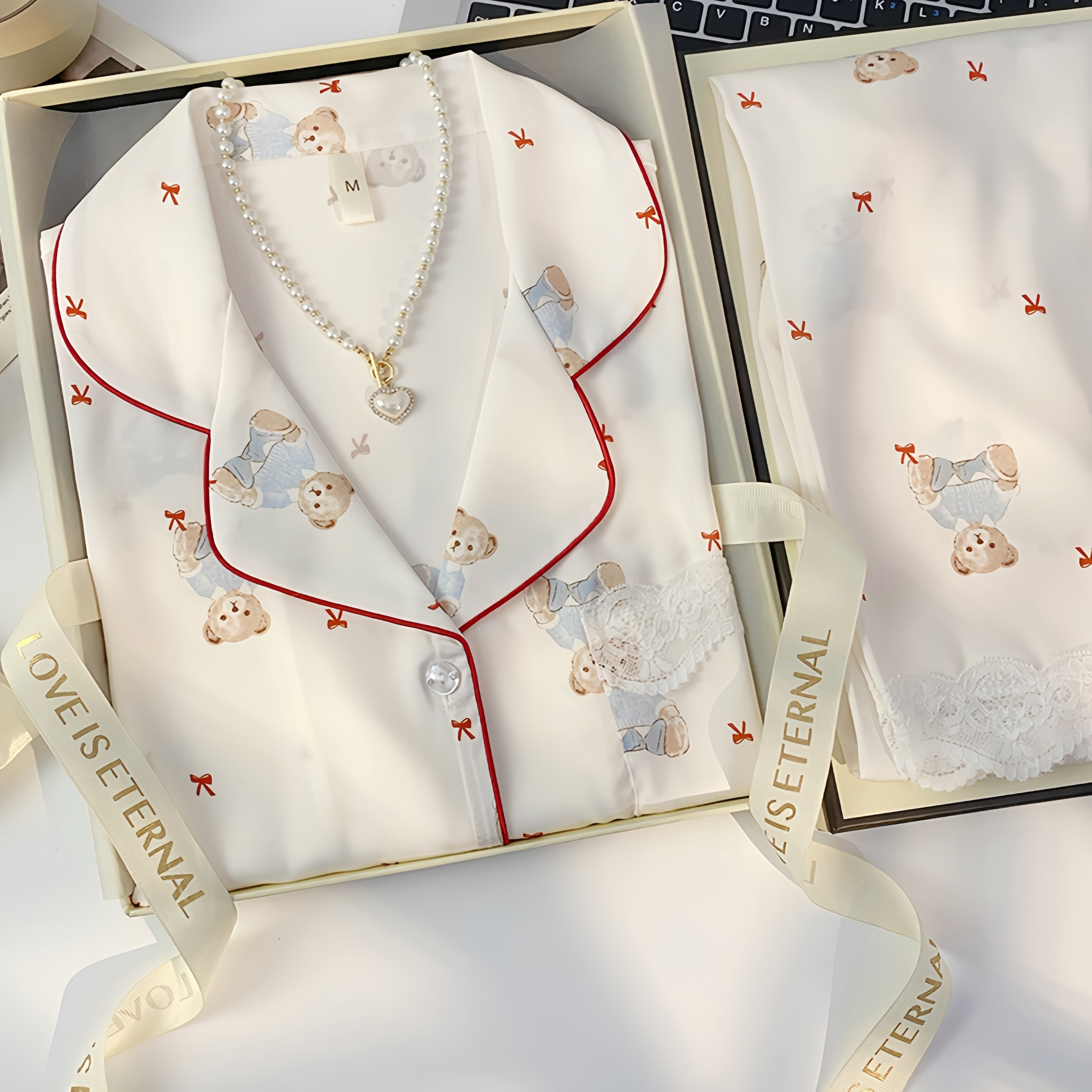 小红书爆款真丝短袖睡衣三件套可爱小熊家居服送女友送闺蜜礼盒装