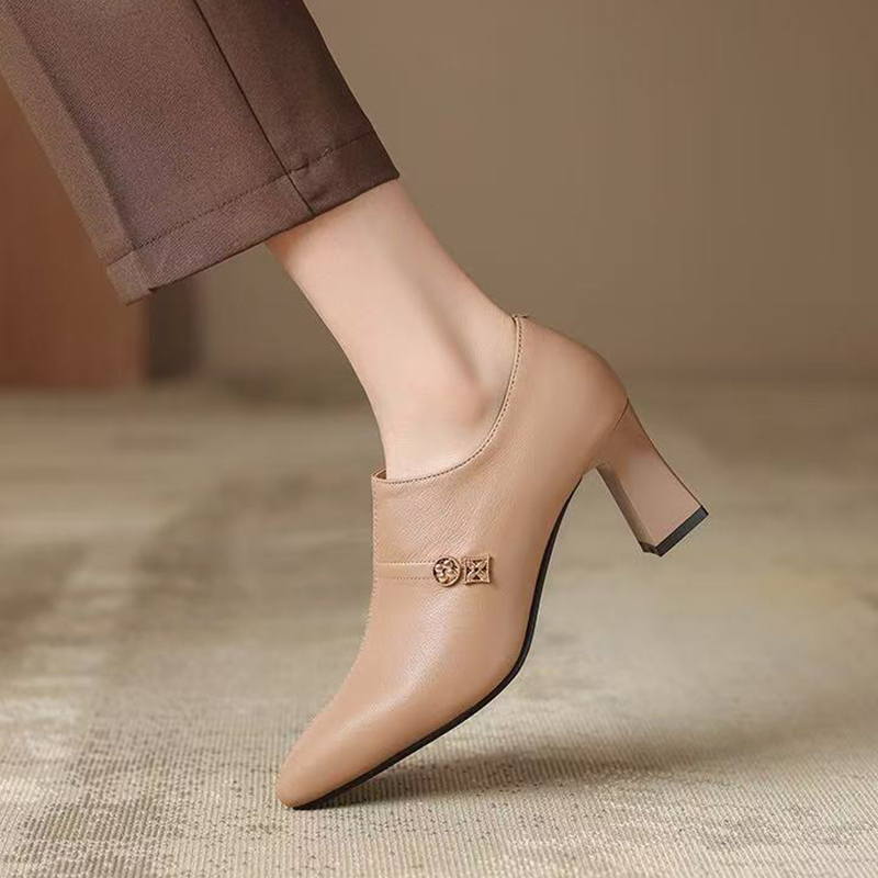 正品羊皮2025新款简约黑色高跟鞋深口单鞋女粗跟短靴裸靴显瘦瘦鞋