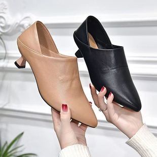 女深口单鞋 2025春季 气质百搭软皮工作皮鞋 真皮尖头小跟高跟鞋 新款