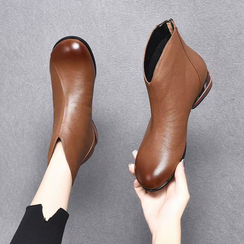 小短靴春秋单靴2025新款真皮圆头低跟裸靴女平底秋冬季加绒妈妈鞋,女鞋,时装靴,淘宝优惠券,粉丝福利购,淘宝优惠卷