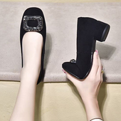 女2025春秋新款 浅口晚晚鞋 法式 小羊皮粗跟单鞋 气质水钻真皮工作鞋