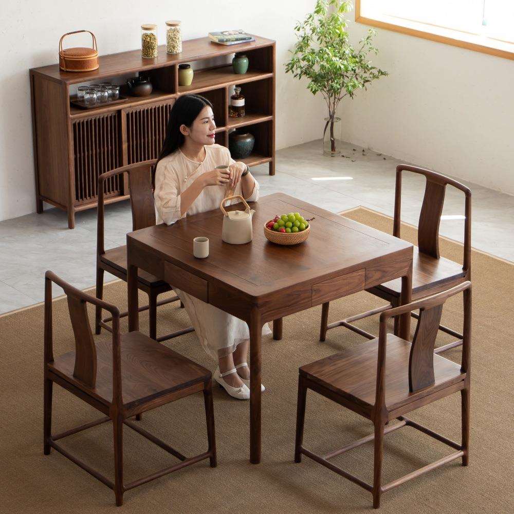 空器新中式黑胡桃木实木正方形方桌八仙桌餐桌椅组合掼蛋棋牌茶桌