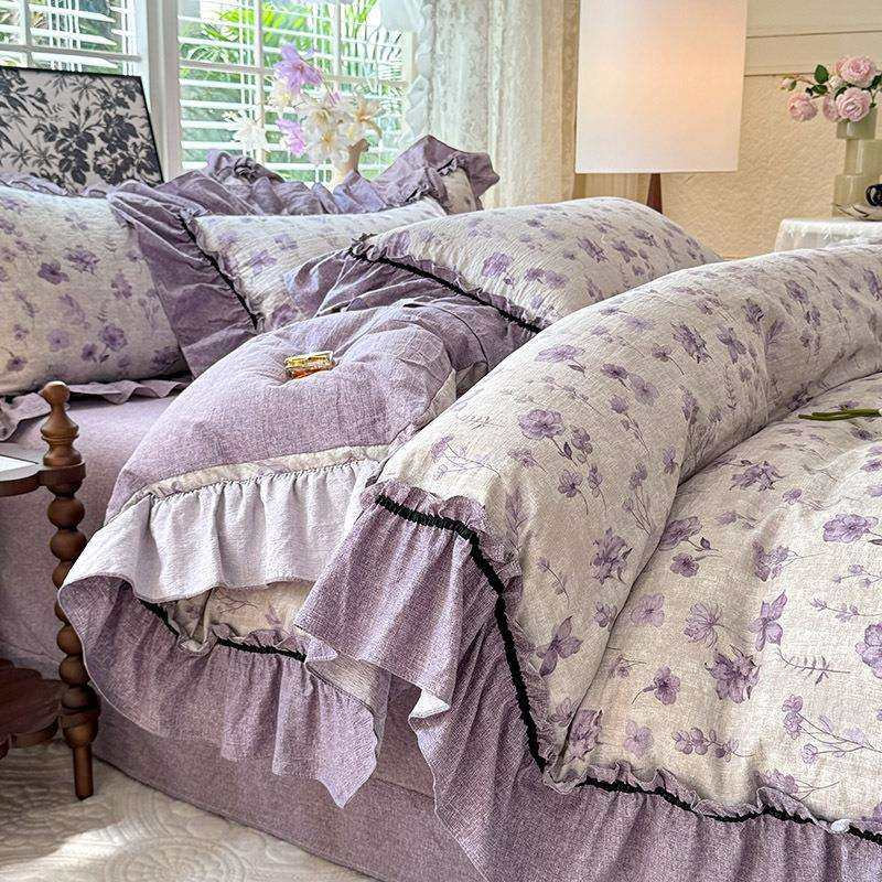 纤维化纤新款亚麻皱皱纱四件套全水洗棉被套床单花边款美式风床品