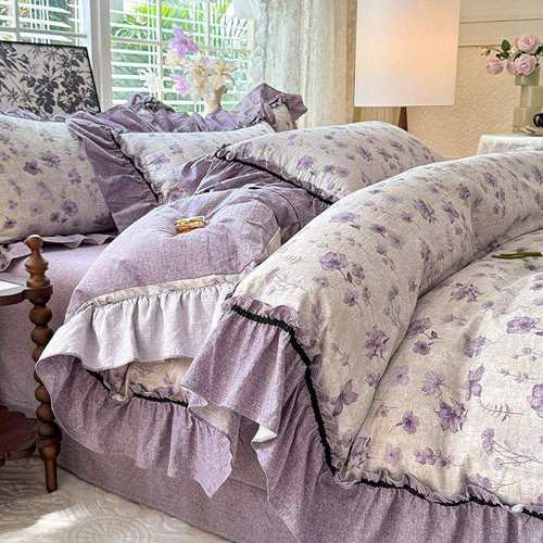 纤维化纤新款亚麻皱皱纱四件套全水洗棉被套床单花边款美式风床品