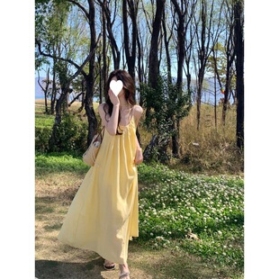 法式 海边度假风穿搭裙子宽松A字裙长裙子 黄色吊带连衣裙女装 夏季