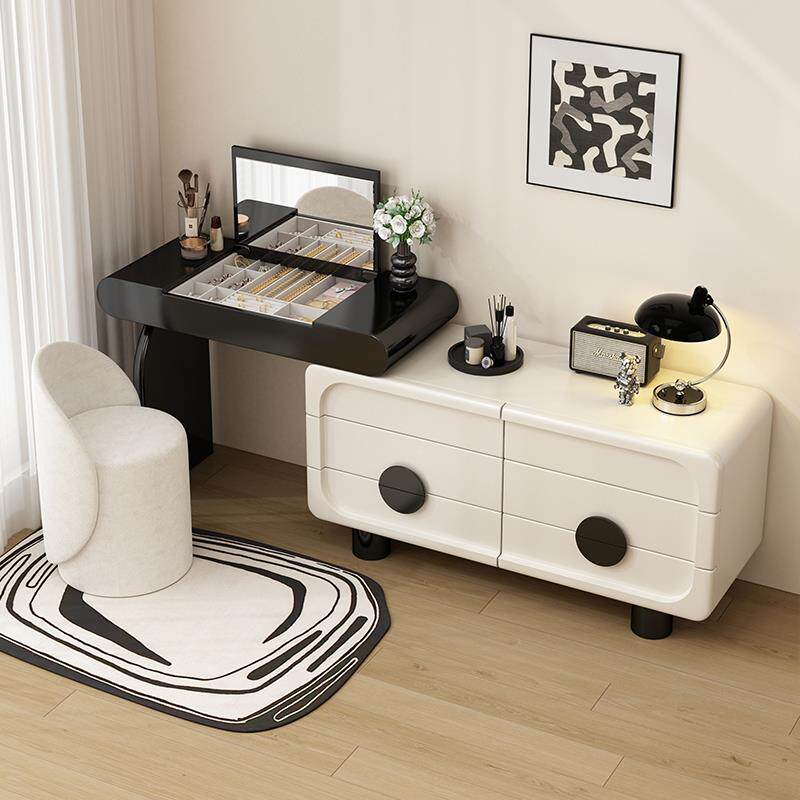 Q1法式复古实木梳妆台斗柜一体床尾柜中古风卧室黑色化妆桌收纳柜