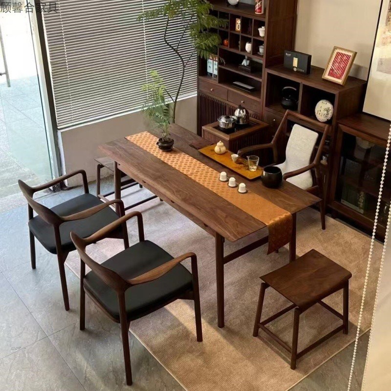 新中式黑胡桃木茶桌椅组合岩板实木意式极简简约现代办公室泡茶桌