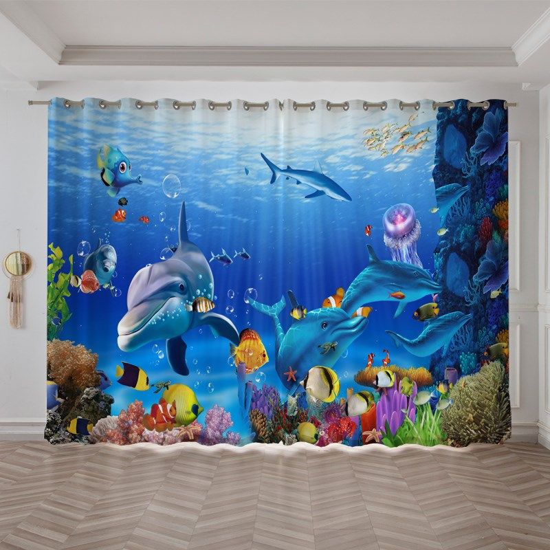 蓝色海底世界海洋鲸鱼卡通儿童房卧室飘窗男孩个性遮光窗帘布定制