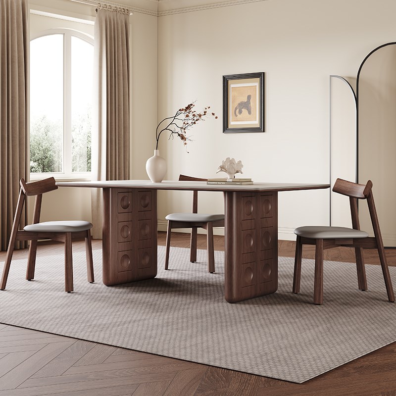 中古风实木餐桌现代简约胡桃色家用新款复古长方形木纹岩板餐桌