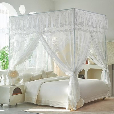 公主风加密蕾丝落地提花蚊帐家用三开门外穿杆宫廷防尘顶蕾丝纱帐