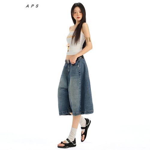 新款美式复古蓝色牛仔五分裤女
