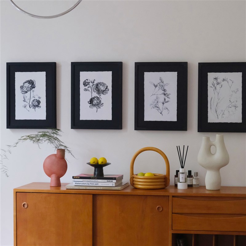 植物花卉素描线稿挂画中古风高级感墙饰实木框静物现代装饰画