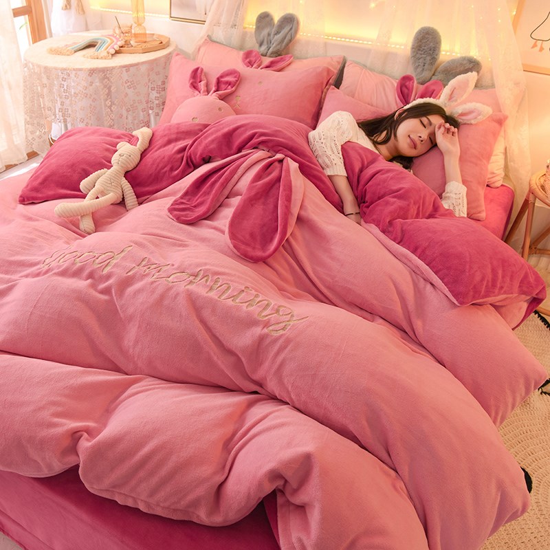 冬季加厚床上四件双面珊瑚绒可爱兔法兰绒被2022新款潮