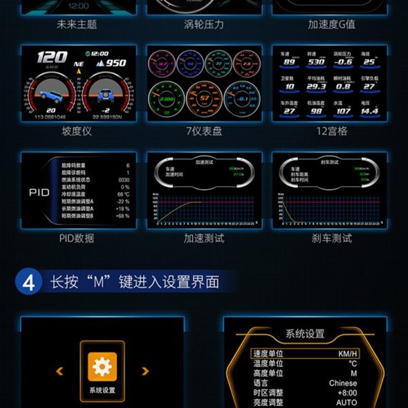 车载HUD抬头显示器汽车通u用OBD液晶多功能仪表高清智能坡度仪P3