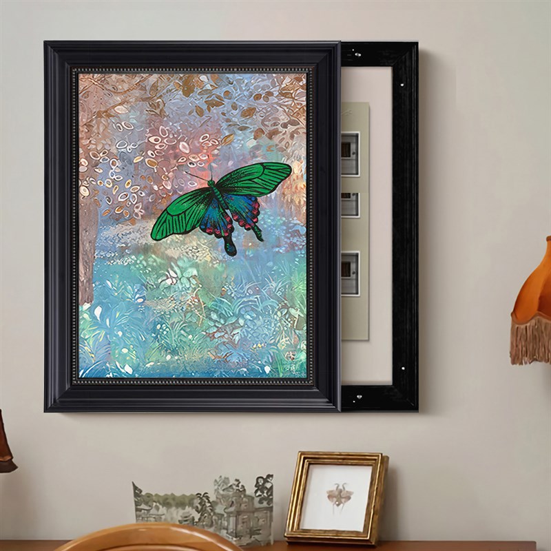 高级感竖版遮挡电表箱装饰画中古风黑色框左右推拉隐藏画支持定制