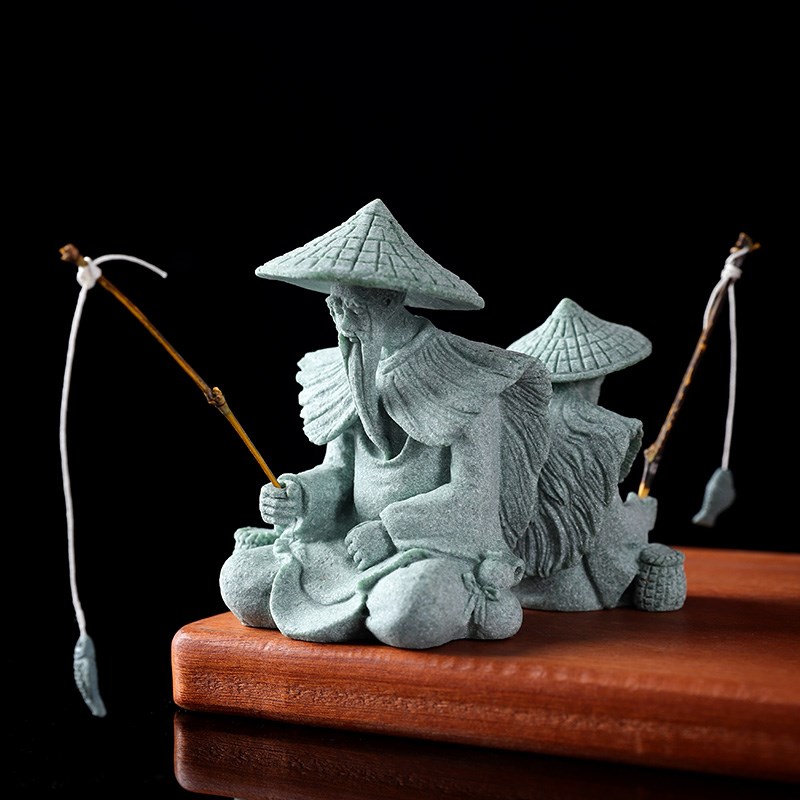 姜太公钓鱼摆件鱼缸造景盆景微景观布置道具中式青砂石茶台装饰品