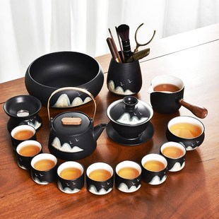 家用枯山水泡茶壶盖碗茶杯整套日式 黑陶功夫茶具套装 现代办公手绘