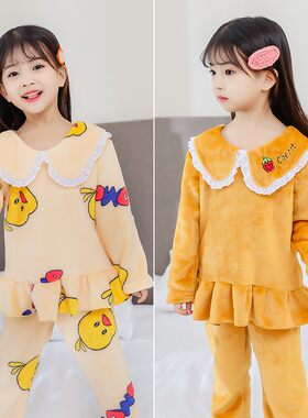 秋冬季儿童法兰绒睡衣男童女孩珊瑚绒套装中大童小孩卡通家居服